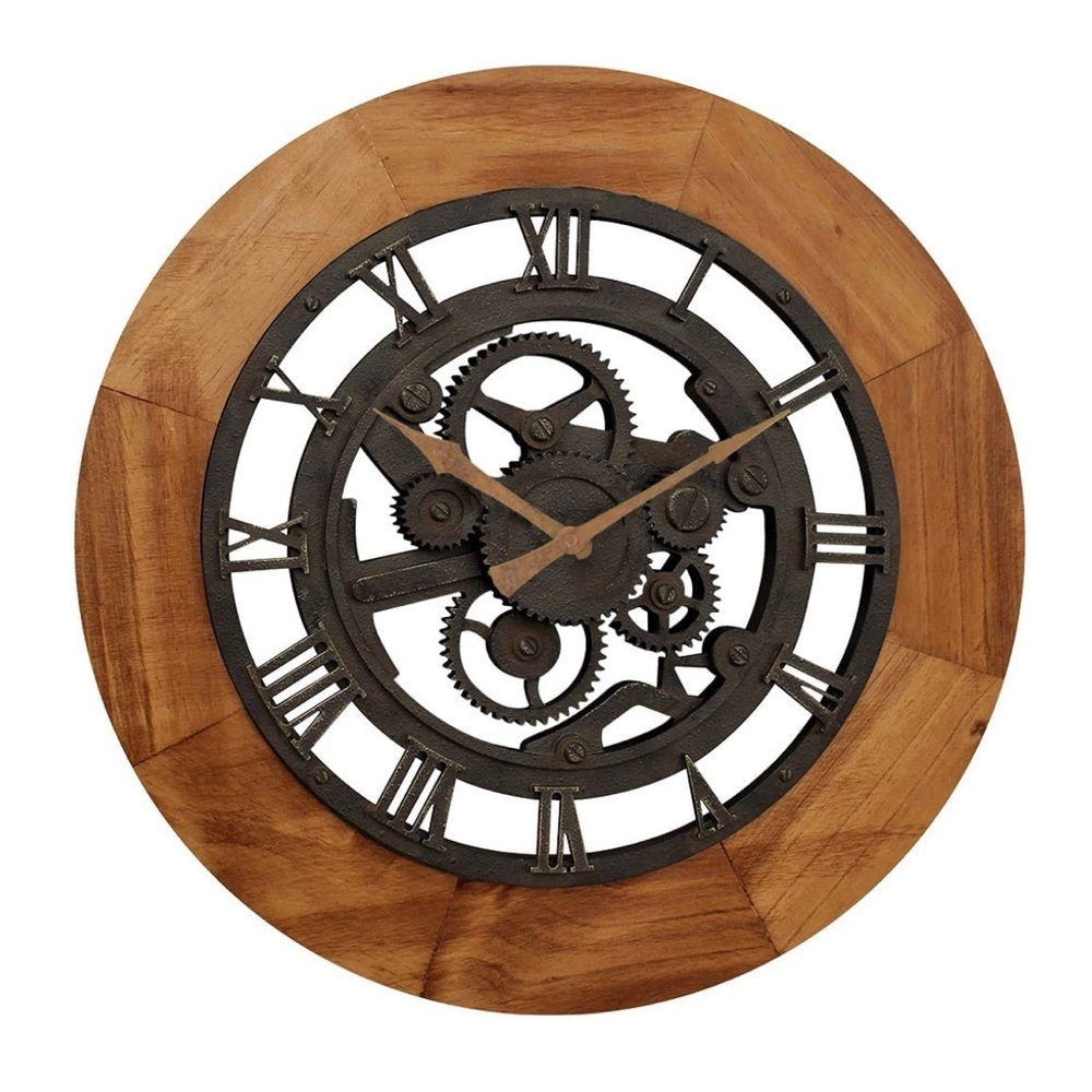 Rustic Wood Gear Wall Clock, 19", Aged Brown